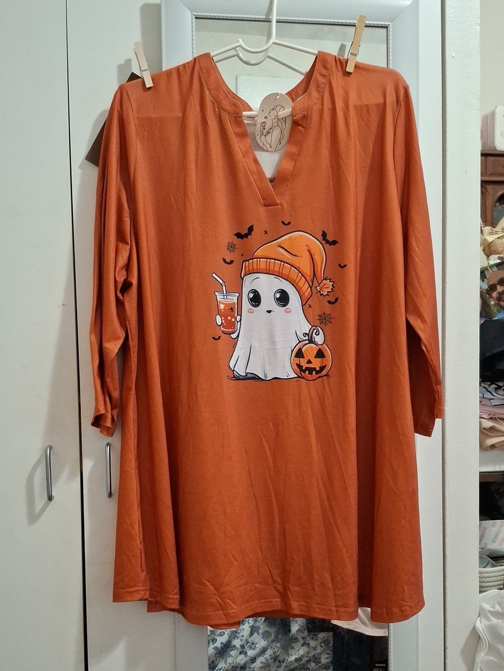 Womens Orange Halloween Ghost Shirt